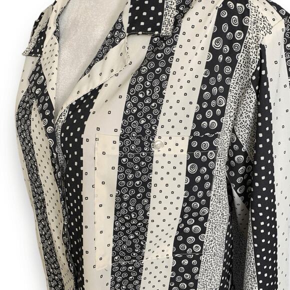 Vintage 90s Blouse Black White Semi Sheer Abstract Geometric Stripe Shirt 14 - Picture 6 of 11